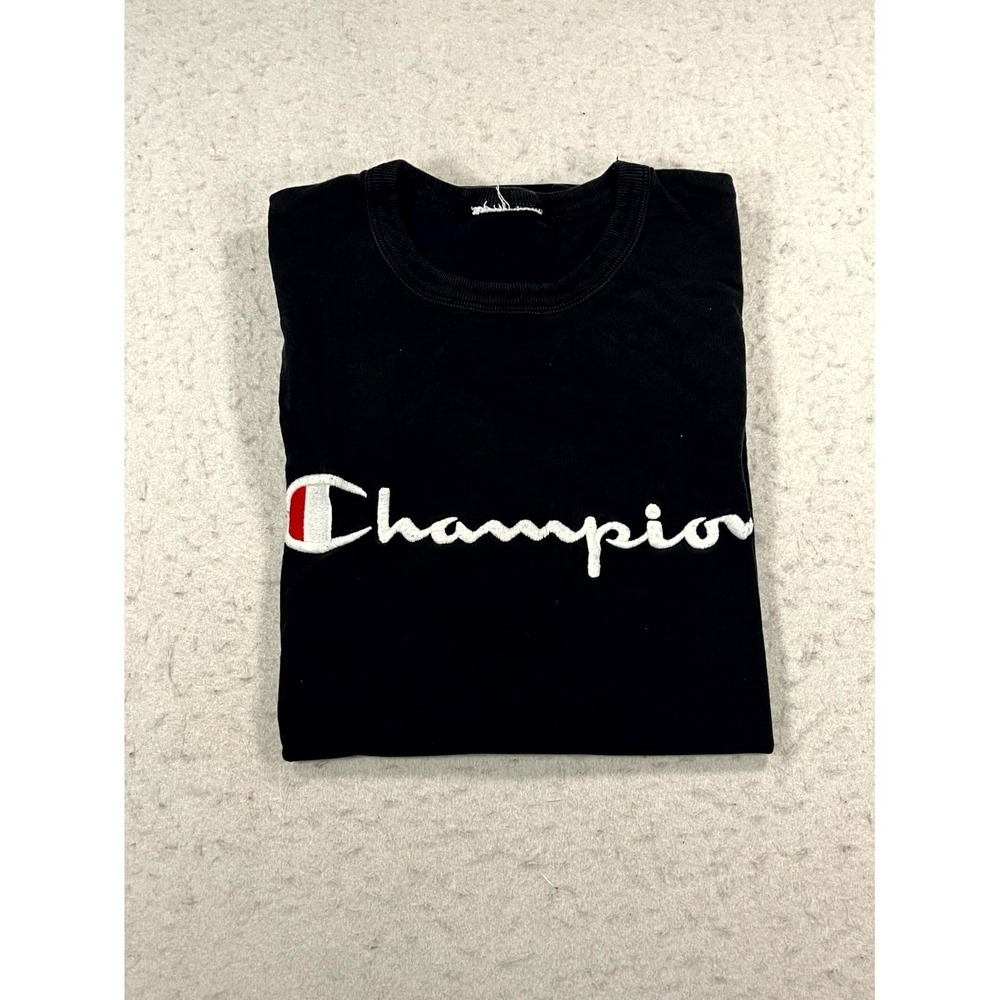 Y2K Champion T Shirt Men Small Black Embroidered Spellout Crew Neck Short Sleeve - Picture 4 of 9